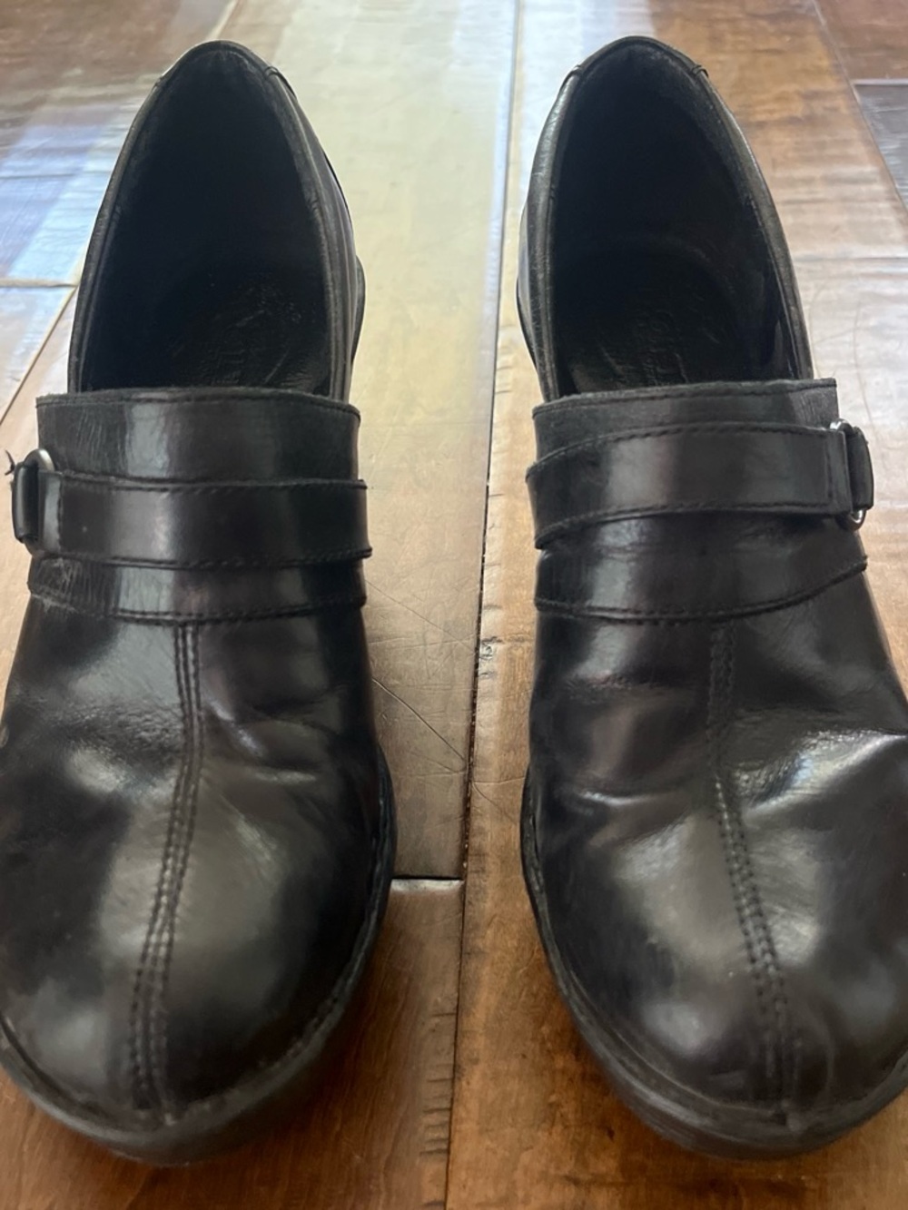 Børn Dollie black leather platform clogs with buckle straps Sz. 9 - Picture 3 of 6